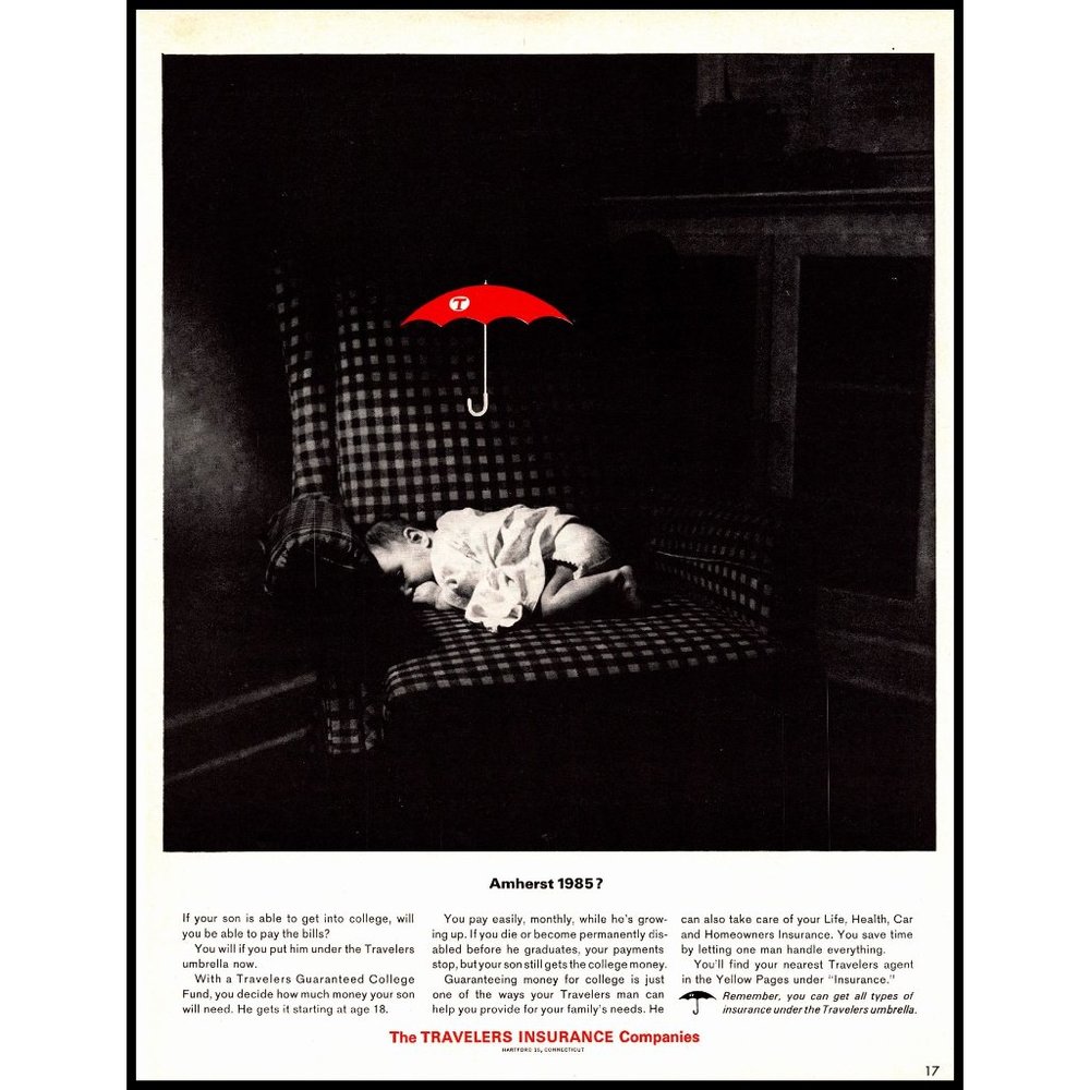 1963 Travelers Insurance Company Vintage Print Ad Little Boy Chair College Plans
